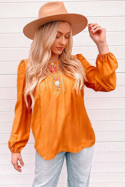 Embroidered Puff-Sleeved Blouse with Notched Neck Orange