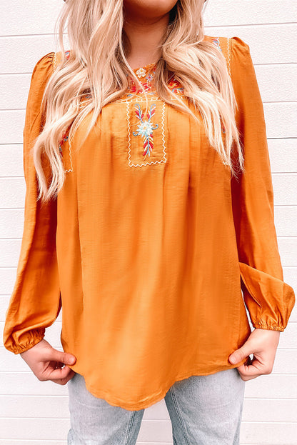 Embroidered Puff-Sleeved Blouse with Notched Neck