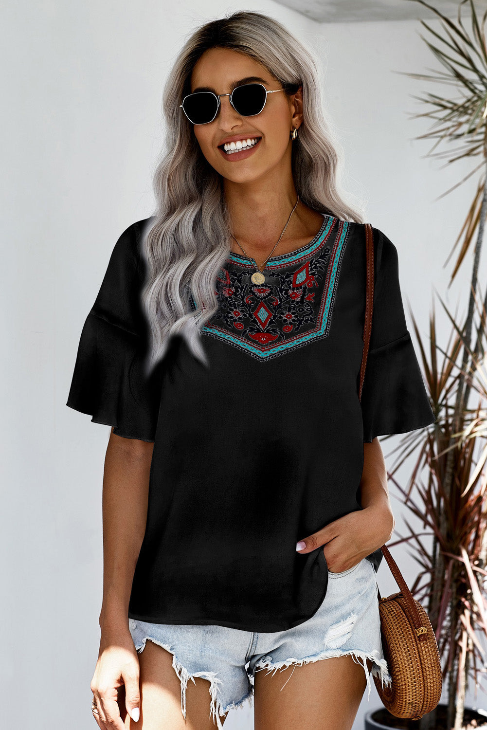 Embroidered Round Neck Blouse with Half Sleeves