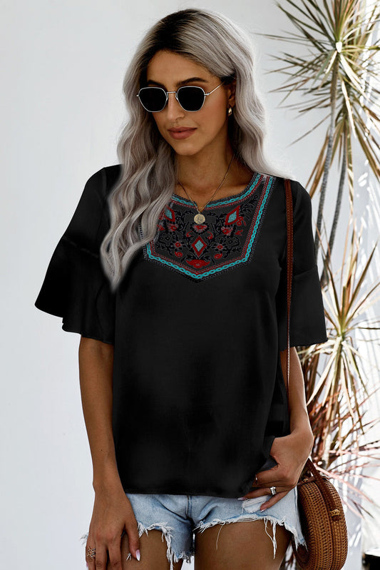 Embroidered Round Neck Blouse with Half Sleeves Black