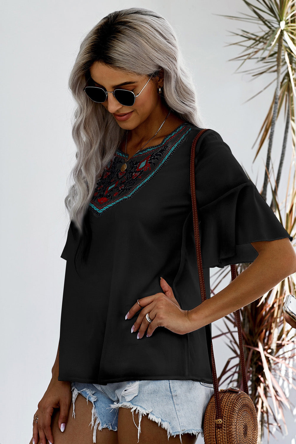 Embroidered Round Neck Blouse with Half Sleeves