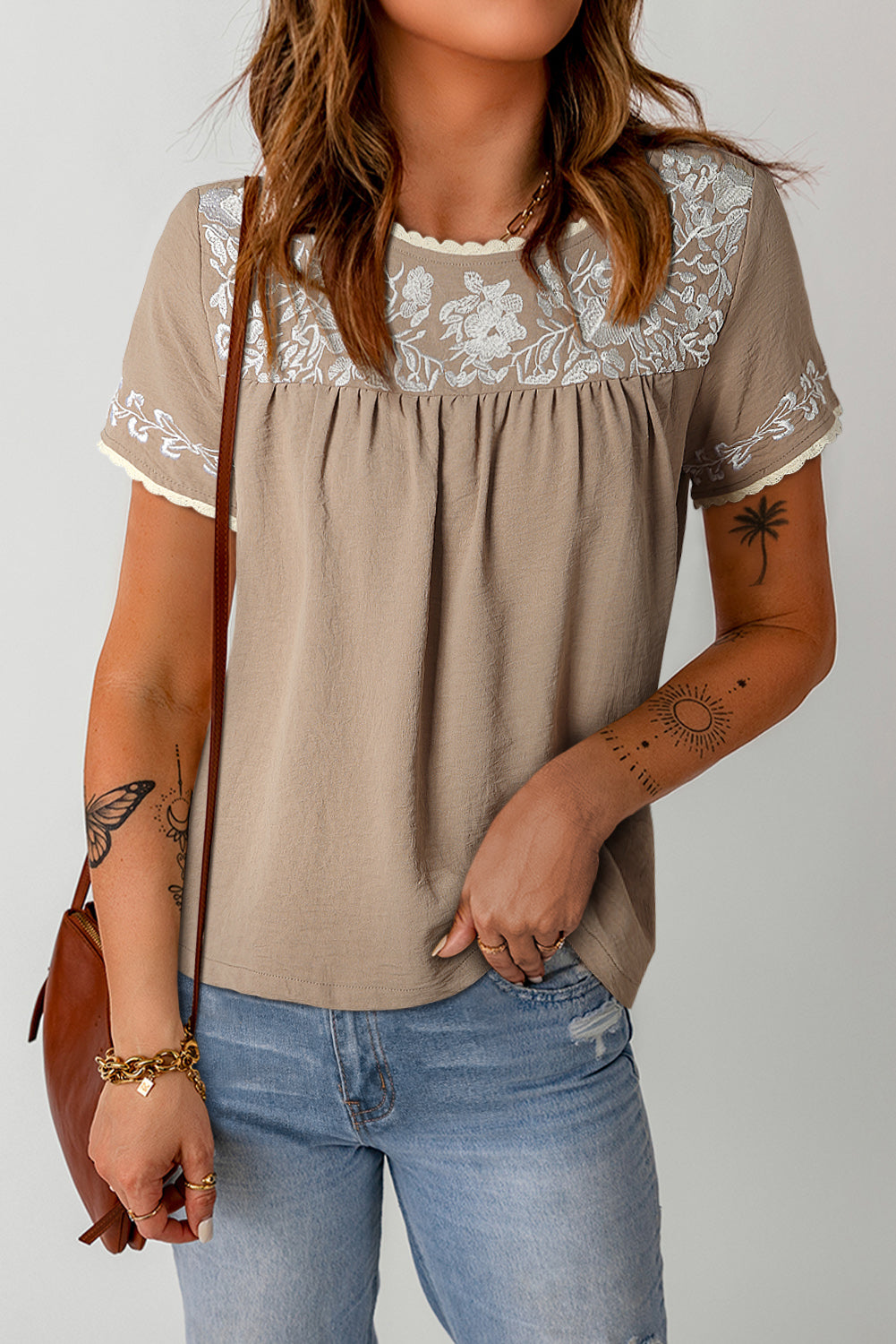 Embroidered Round Neck Short Sleeve Blouse Khaki