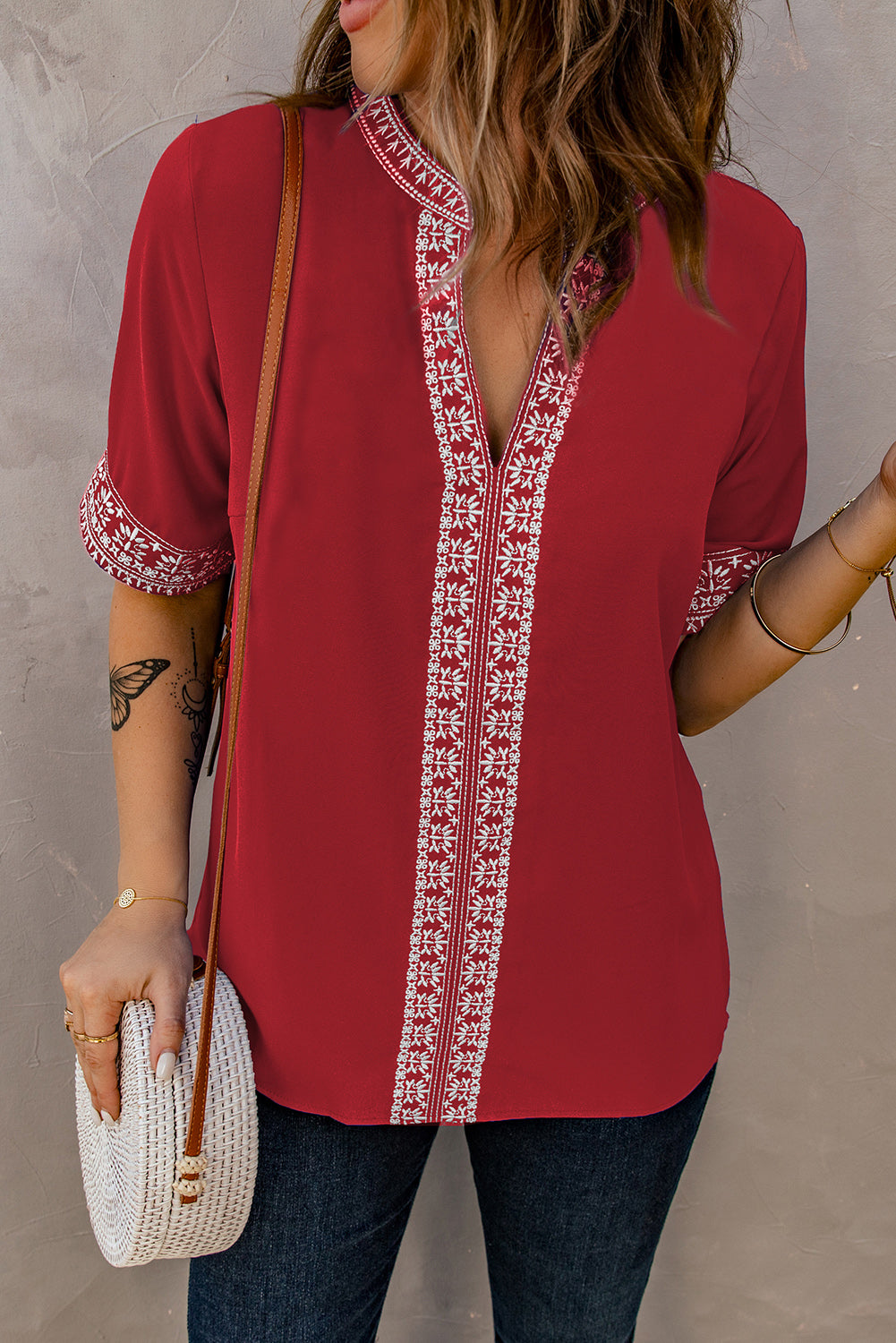 Embroidered V-Neck Top with Delicate Floral Design Red