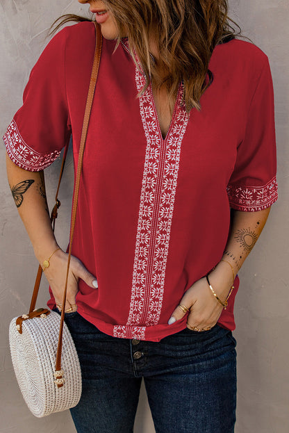 Embroidered V-Neck Top with Delicate Floral Design