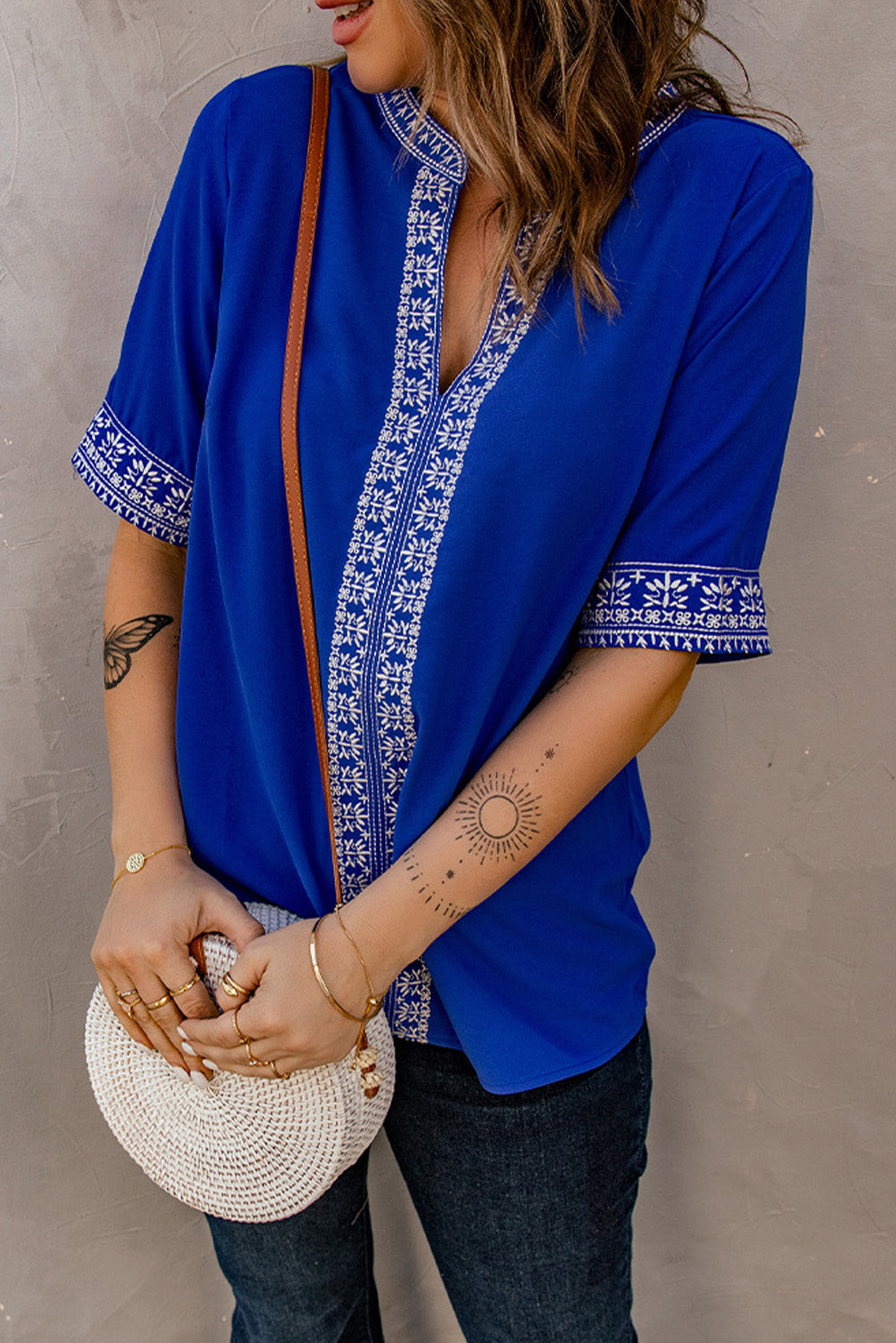 Embroidered V-Neck Top with Delicate Floral Design