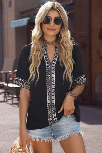 Embroidered V-Neck Top with Delicate Floral Design Black