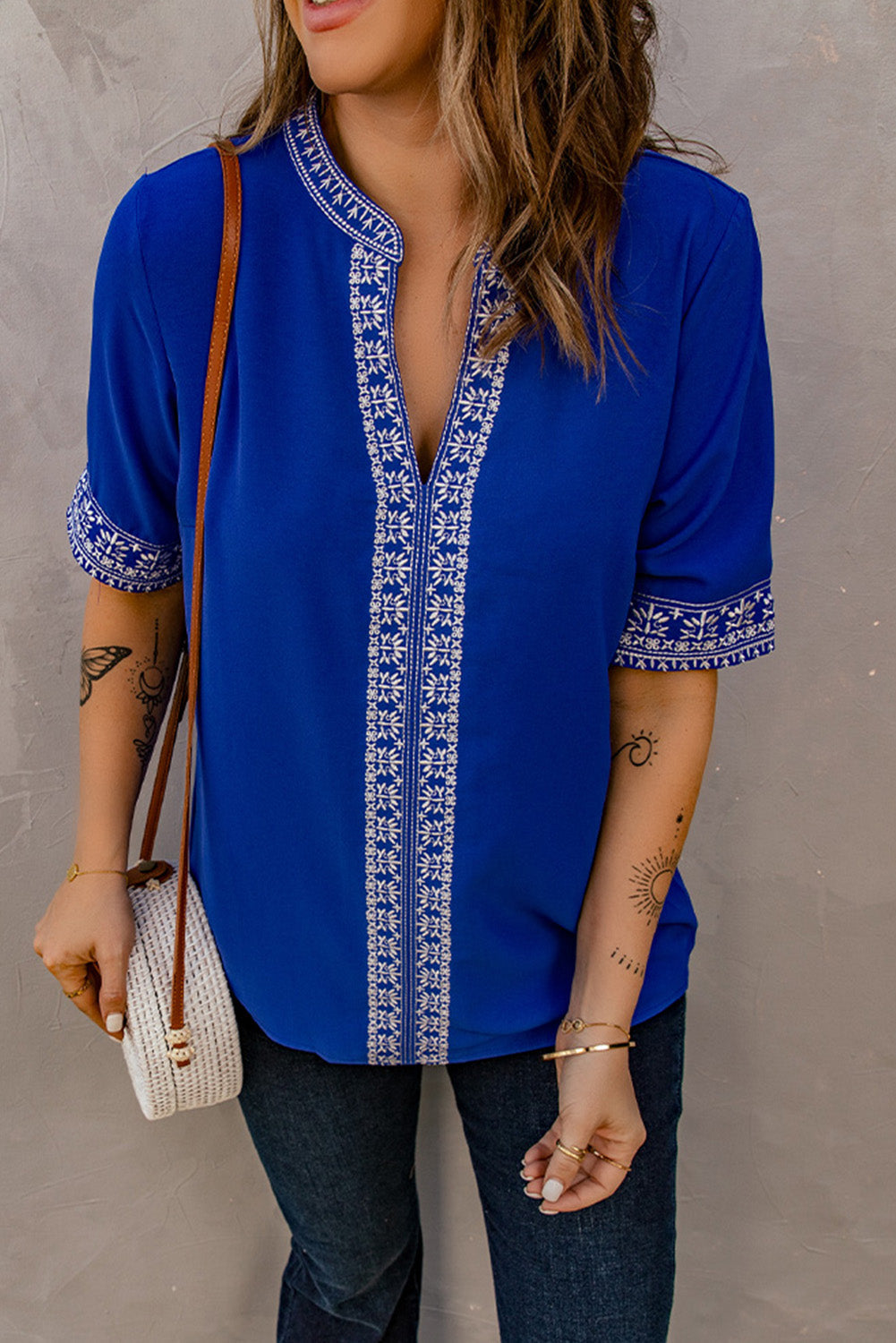 Embroidered V-Neck Top with Delicate Floral Design