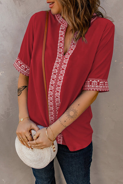 Embroidered V-Neck Top with Delicate Floral Design