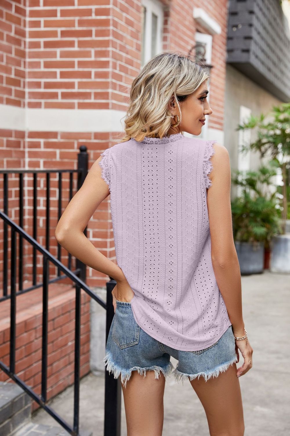 Eyelash V-Neck Tank Top with Lace Trim