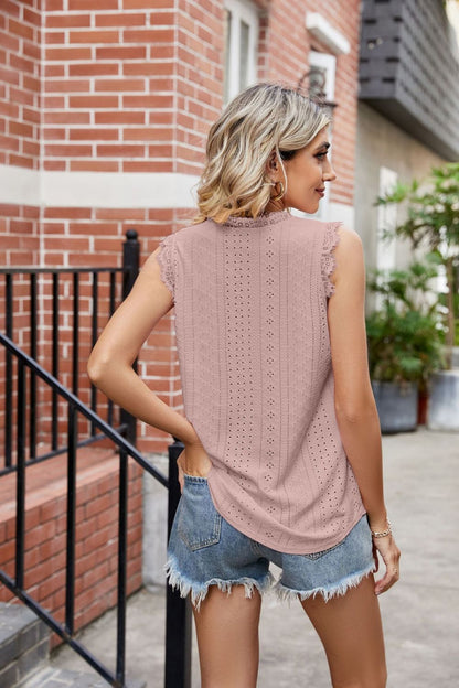 Eyelash V-Neck Tank Top with Lace Trim