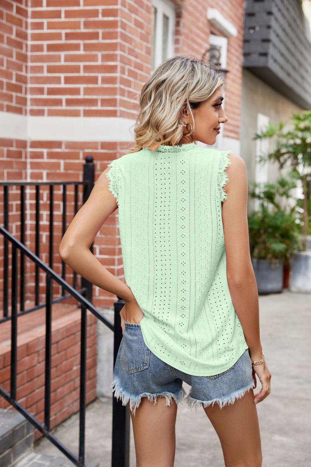 Eyelash V-Neck Tank Top with Lace Trim