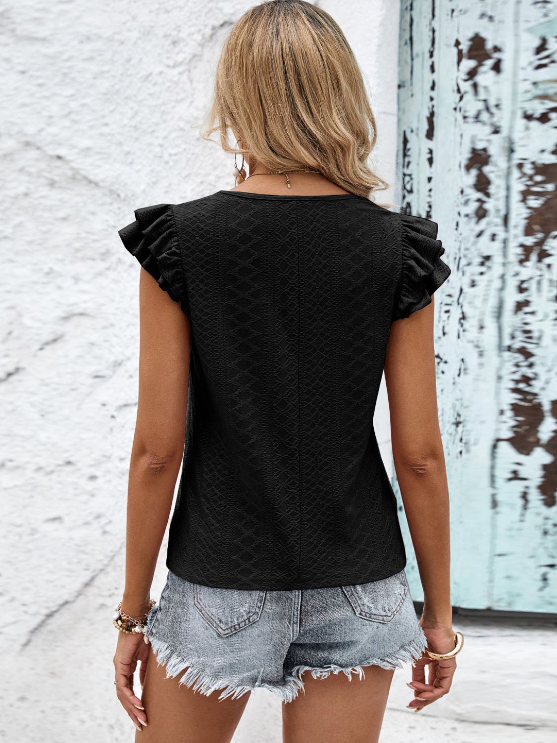 Eyelet-Accent Contrast V-Neck Top