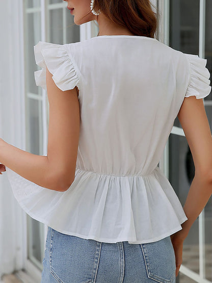 Eyelet Flutter-Sleeved Notched Neck Blouse