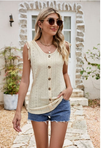 Eyelet Tied Tank with Decorative Buttons Beige
