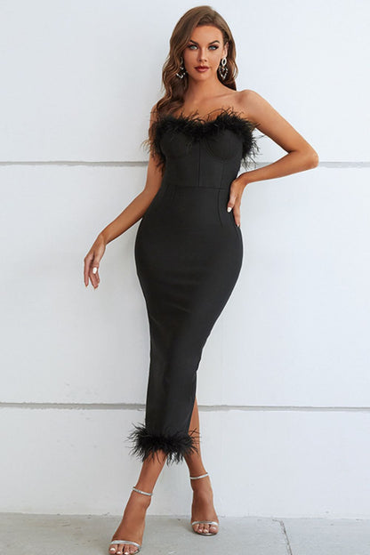 Feather Trim Sweetheart Neck Strapless Dress