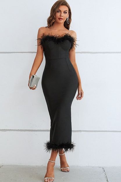 Feather Trim Sweetheart Neck Strapless Dress Black