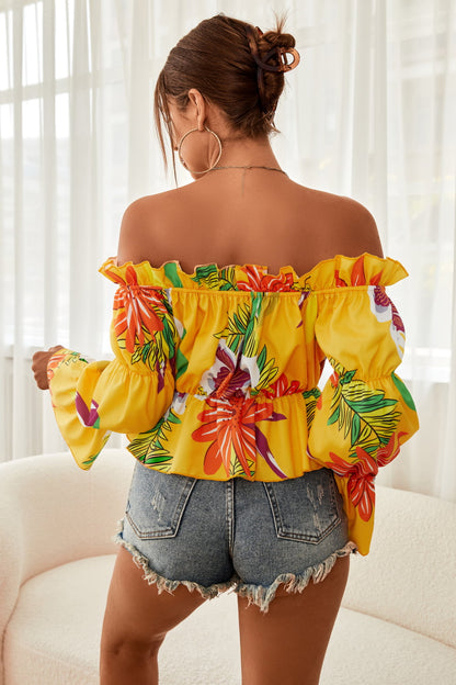 Feminine Floral Off-Shoulder Flounce Sleeve Peplum Blouse