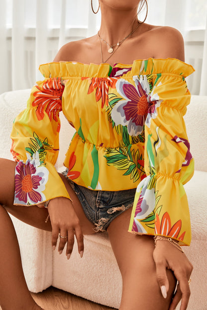 Feminine Floral Off-Shoulder Flounce Sleeve Peplum Blouse