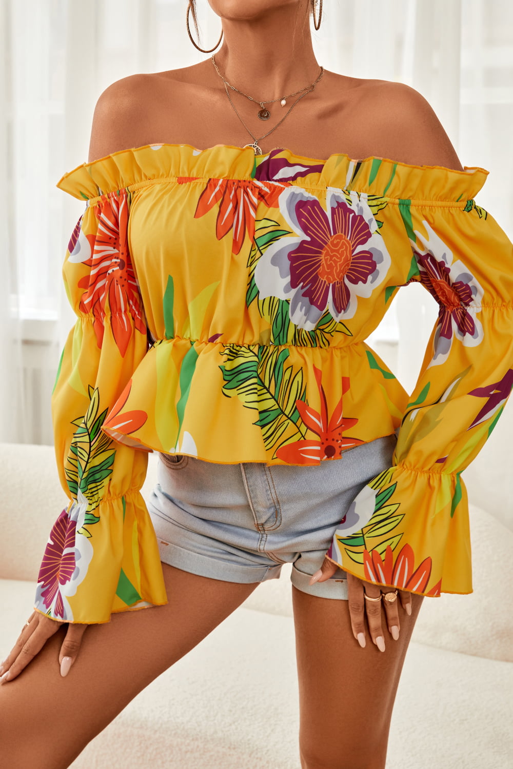 Feminine Floral Off-Shoulder Flounce Sleeve Peplum Blouse Mustard