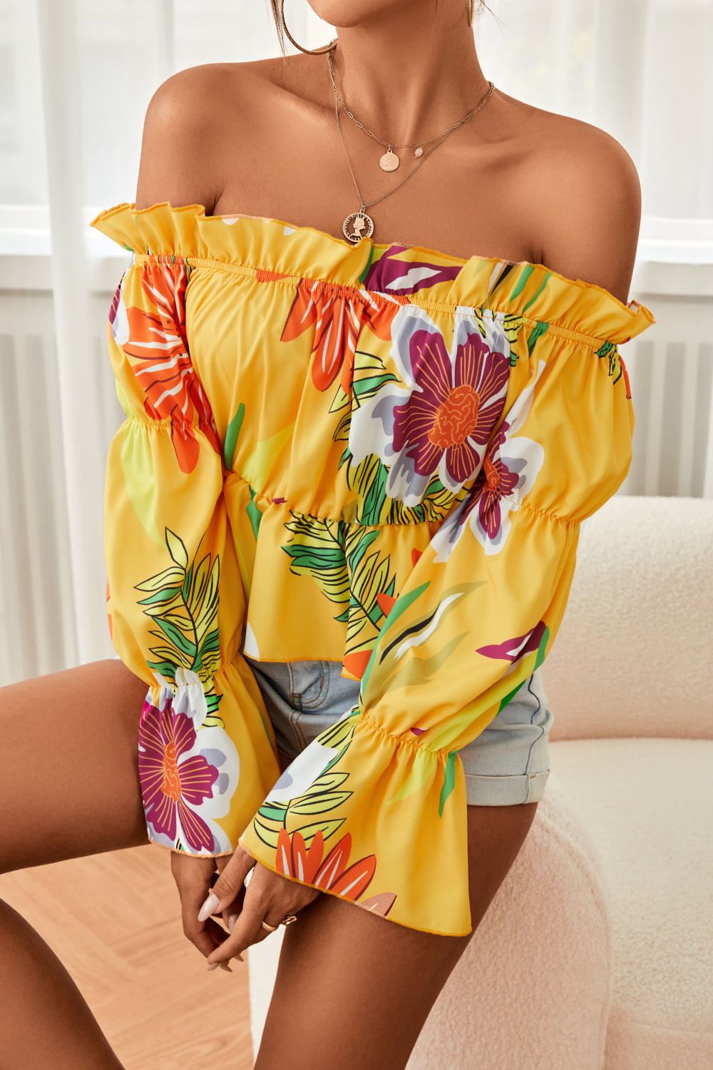 Feminine Floral Off-Shoulder Flounce Sleeve Peplum Blouse