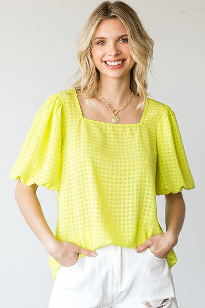 First Love Full Size Short Balloon Sleeve Blouse Neon Yellow