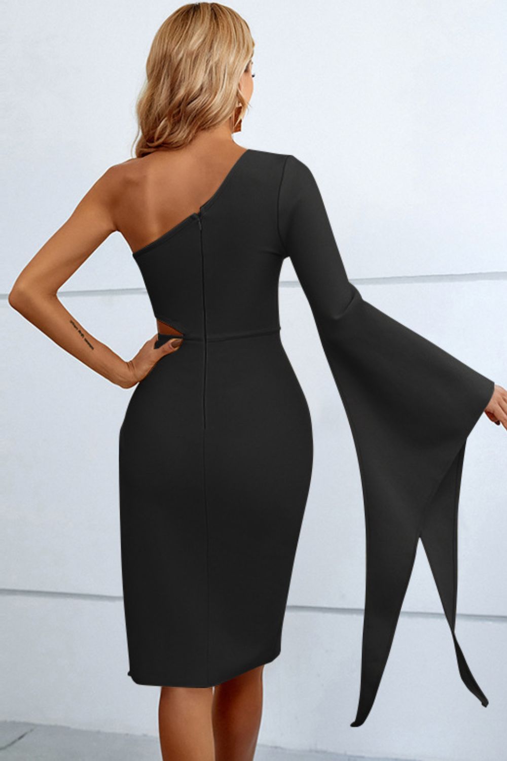 Flare Sleeve One-Shoulder Cutout Split Dress