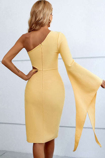 Flare Sleeve One-Shoulder Cutout Split Dress