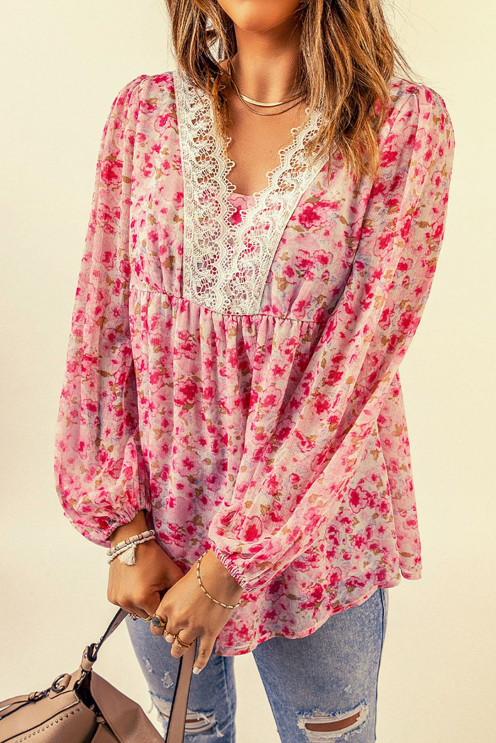 Floral Balloon-Sleeve Blouse with Lace Trim