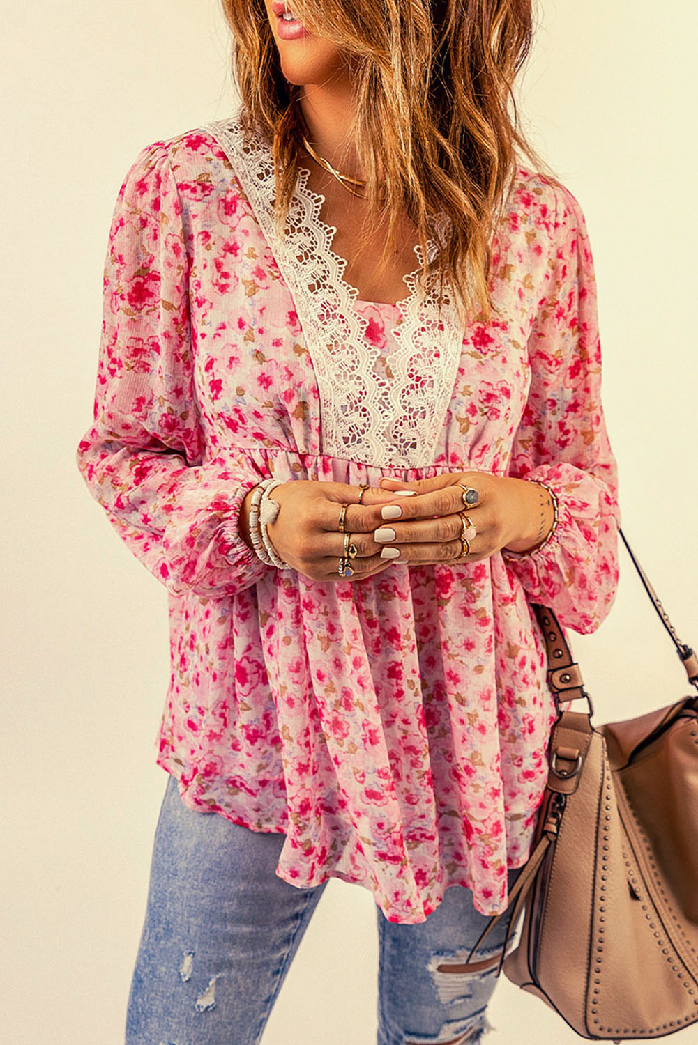 Floral Balloon-Sleeve Blouse with Lace Trim Pink L