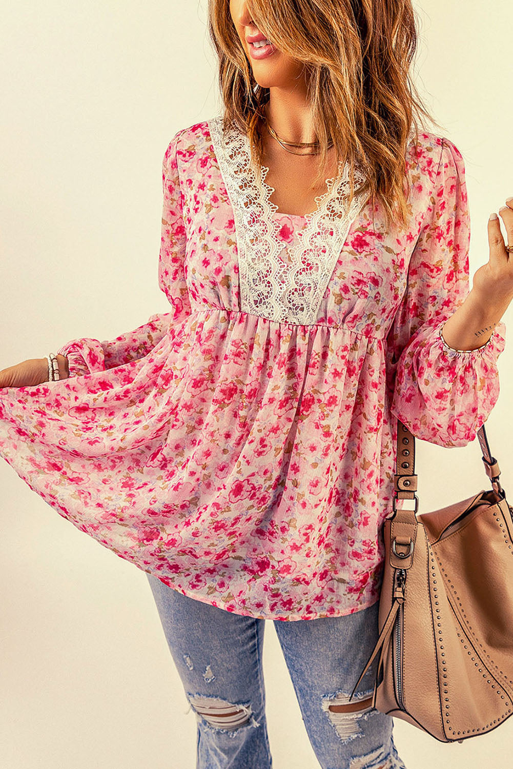 Floral Balloon-Sleeve Blouse with Lace Trim