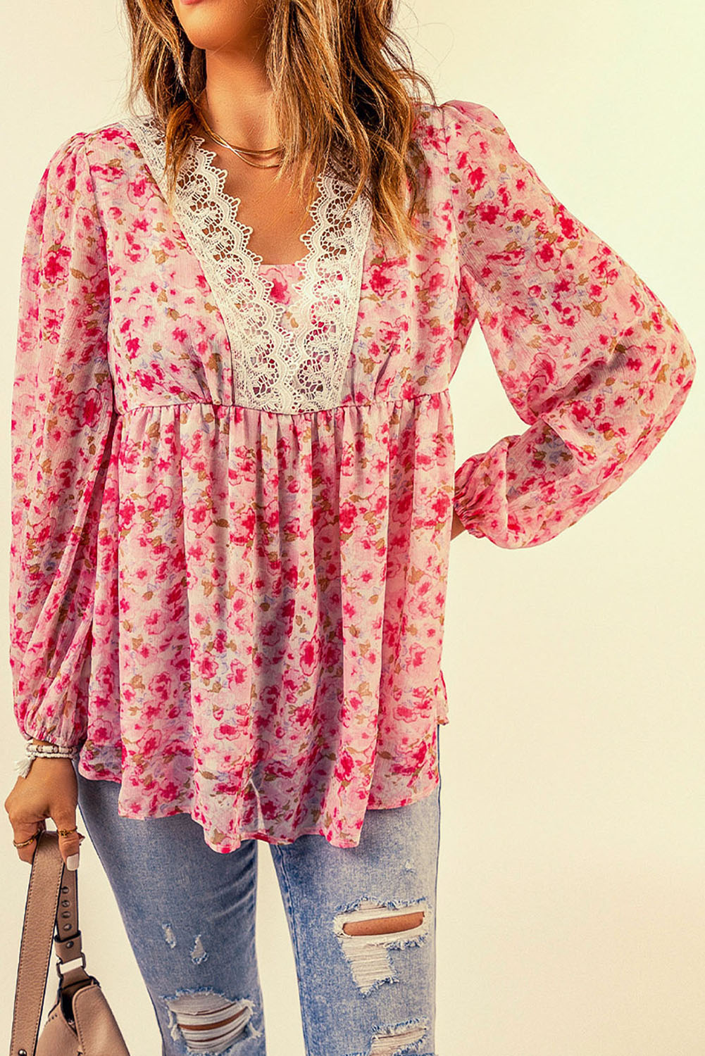 Floral Balloon-Sleeve Blouse with Lace Trim