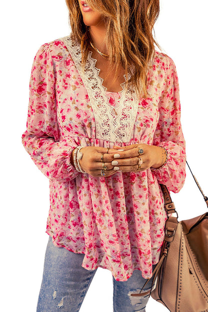 Floral Balloon-Sleeve Blouse with Lace Trim