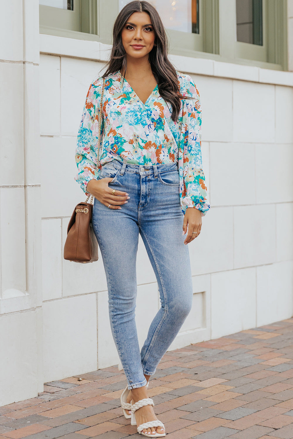 Floral Balloon-Sleeve Bodysuit with Long Sleeves