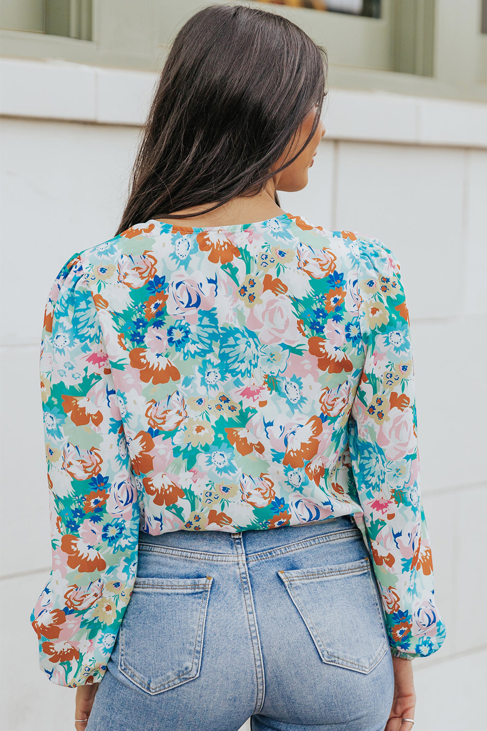 Floral Balloon-Sleeve Bodysuit with Long Sleeves