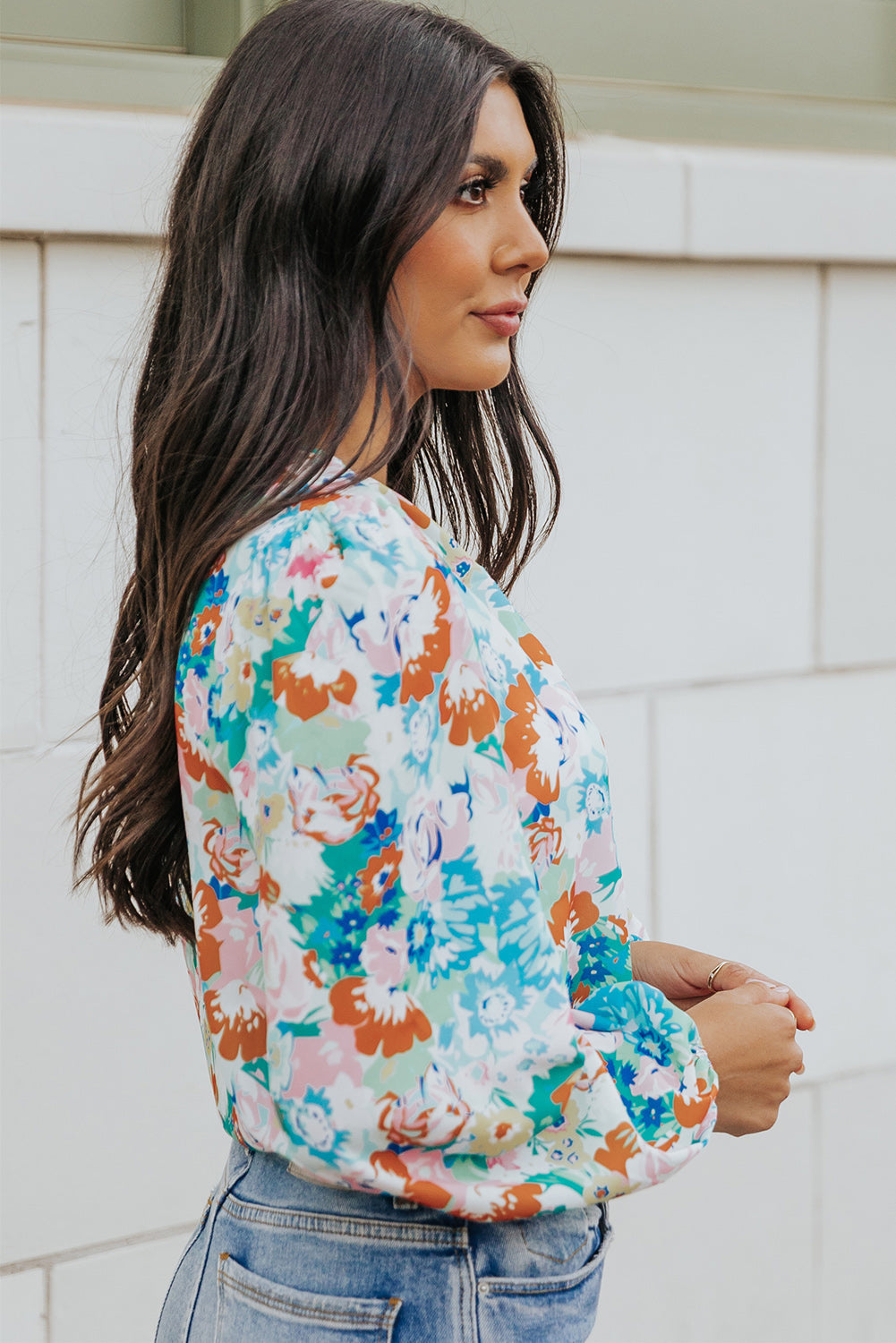 Floral Balloon-Sleeve Bodysuit with Long Sleeves