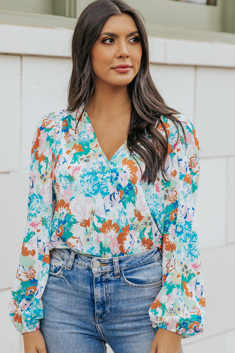 Floral Balloon-Sleeve Bodysuit with Long Sleeves