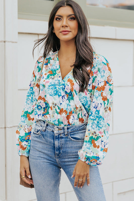 Floral Balloon-Sleeve Bodysuit with Long Sleeves Floral
