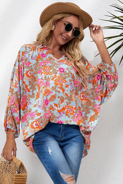 Floral Balloon-Sleeved Blouse with Frill Trim