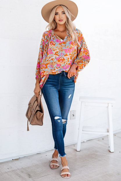 Floral Balloon-Sleeved Blouse with Frill Trim