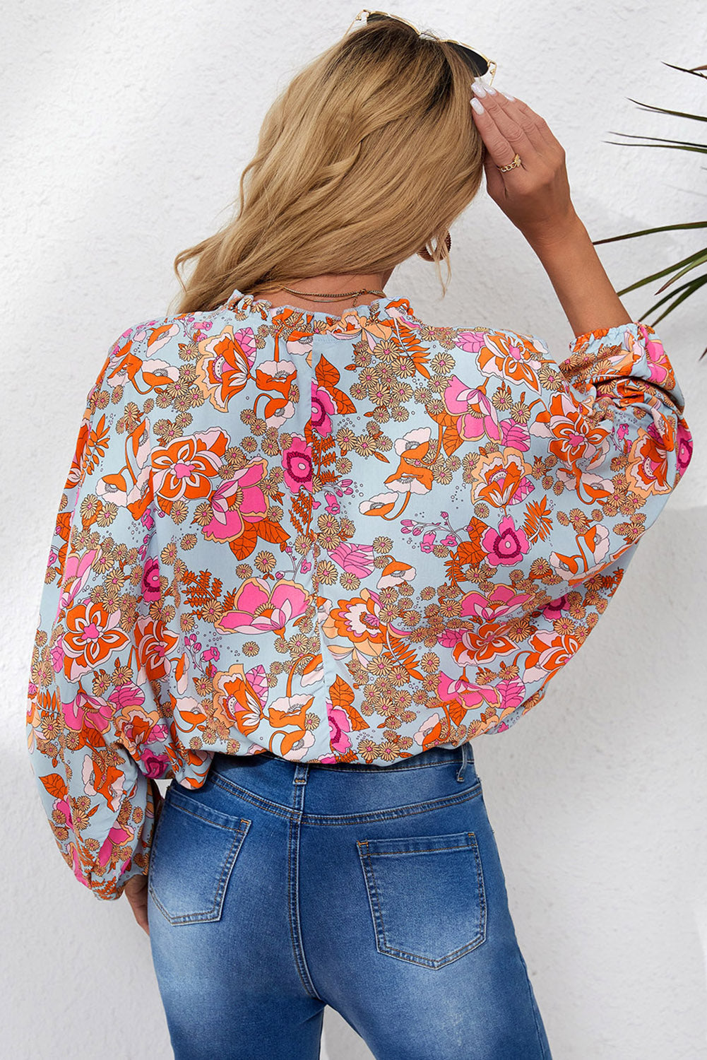 Floral Balloon-Sleeved Blouse with Frill Trim