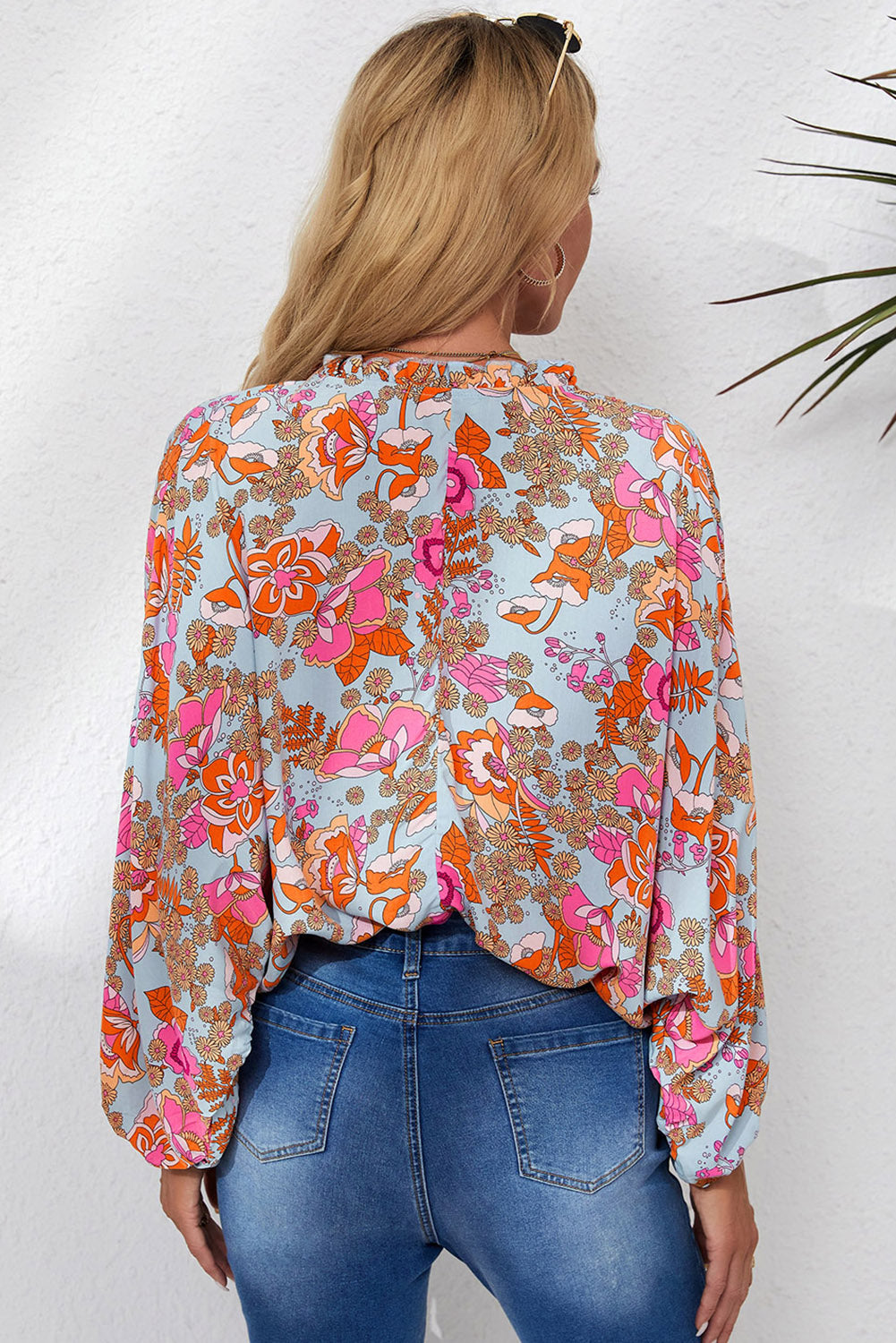Floral Balloon-Sleeved Blouse with Frill Trim