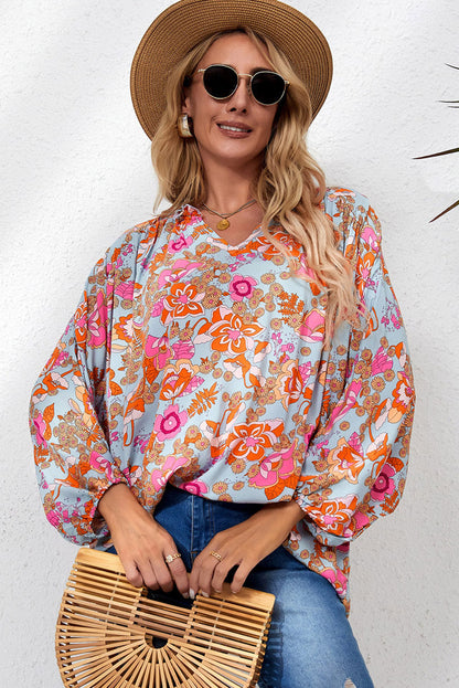 Floral Balloon-Sleeved Blouse with Frill Trim