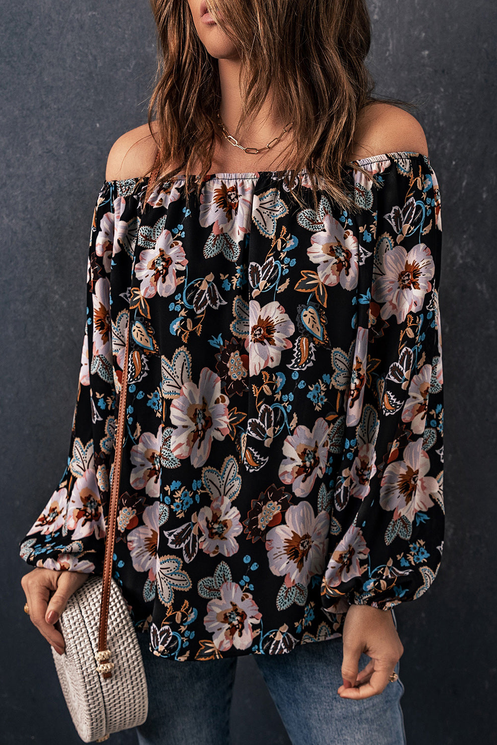 Floral Balloon-Sleeved Off-Shoulder Blouse Black XL