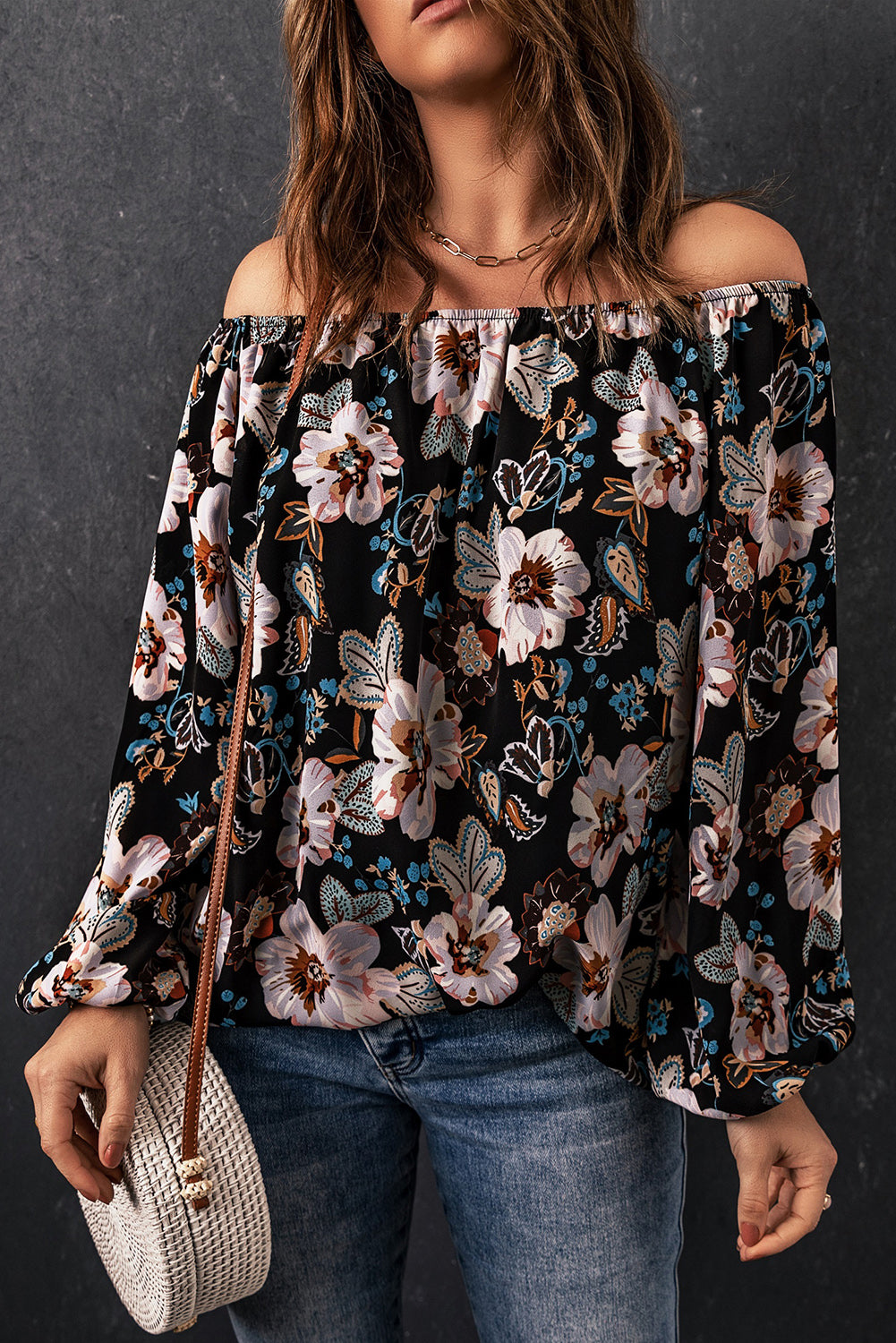 Floral Balloon-Sleeved Off-Shoulder Blouse