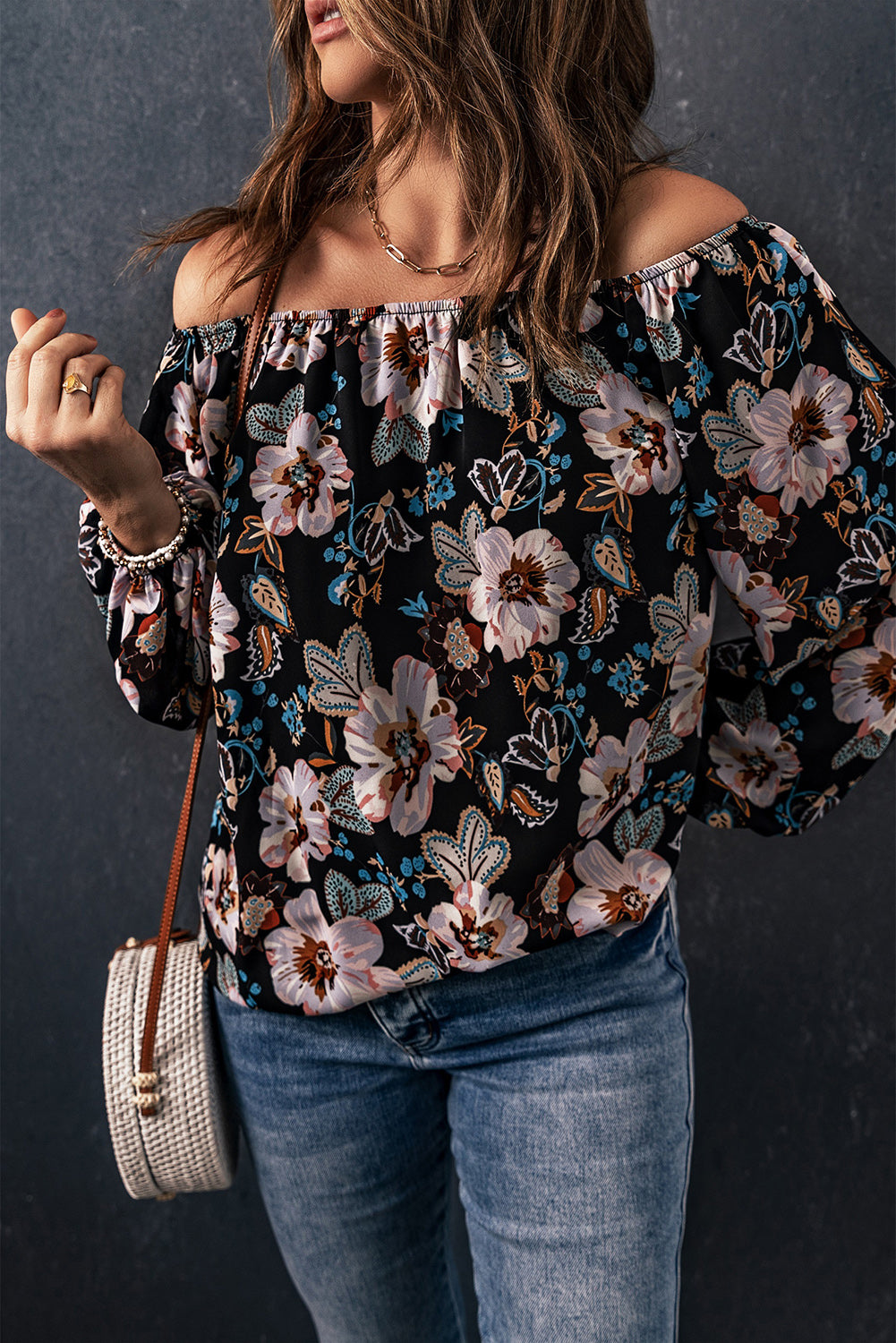 Floral Balloon-Sleeved Off-Shoulder Blouse