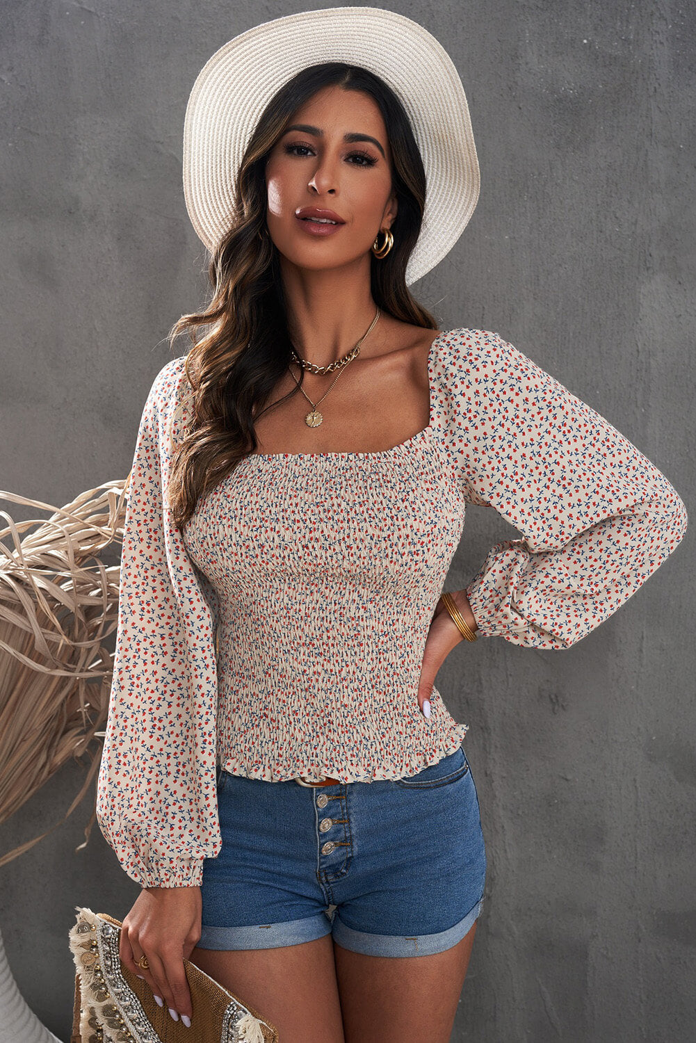 Floral Balloon-Sleeved Smocked Top Apricot