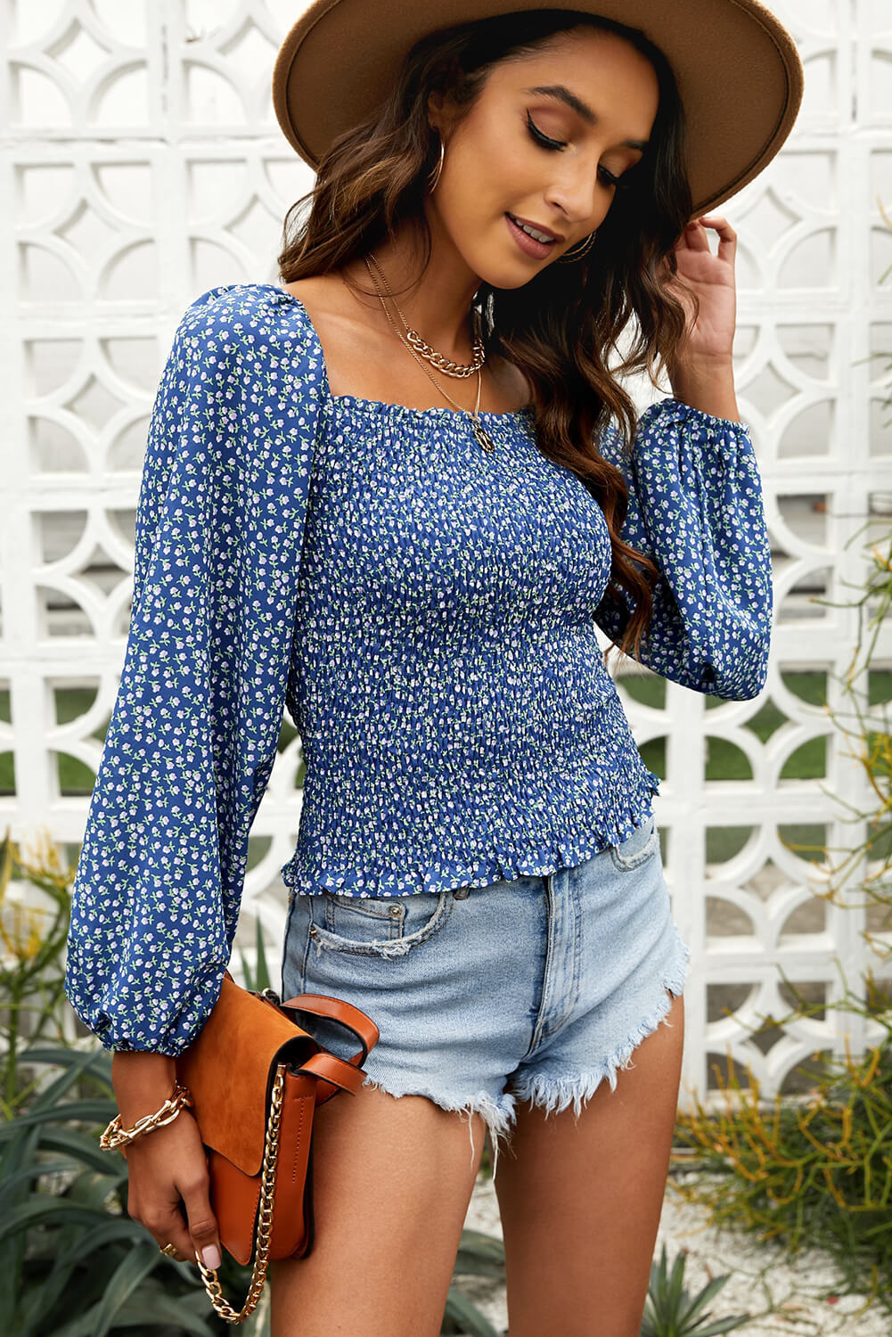 Floral Balloon-Sleeved Smocked Top
