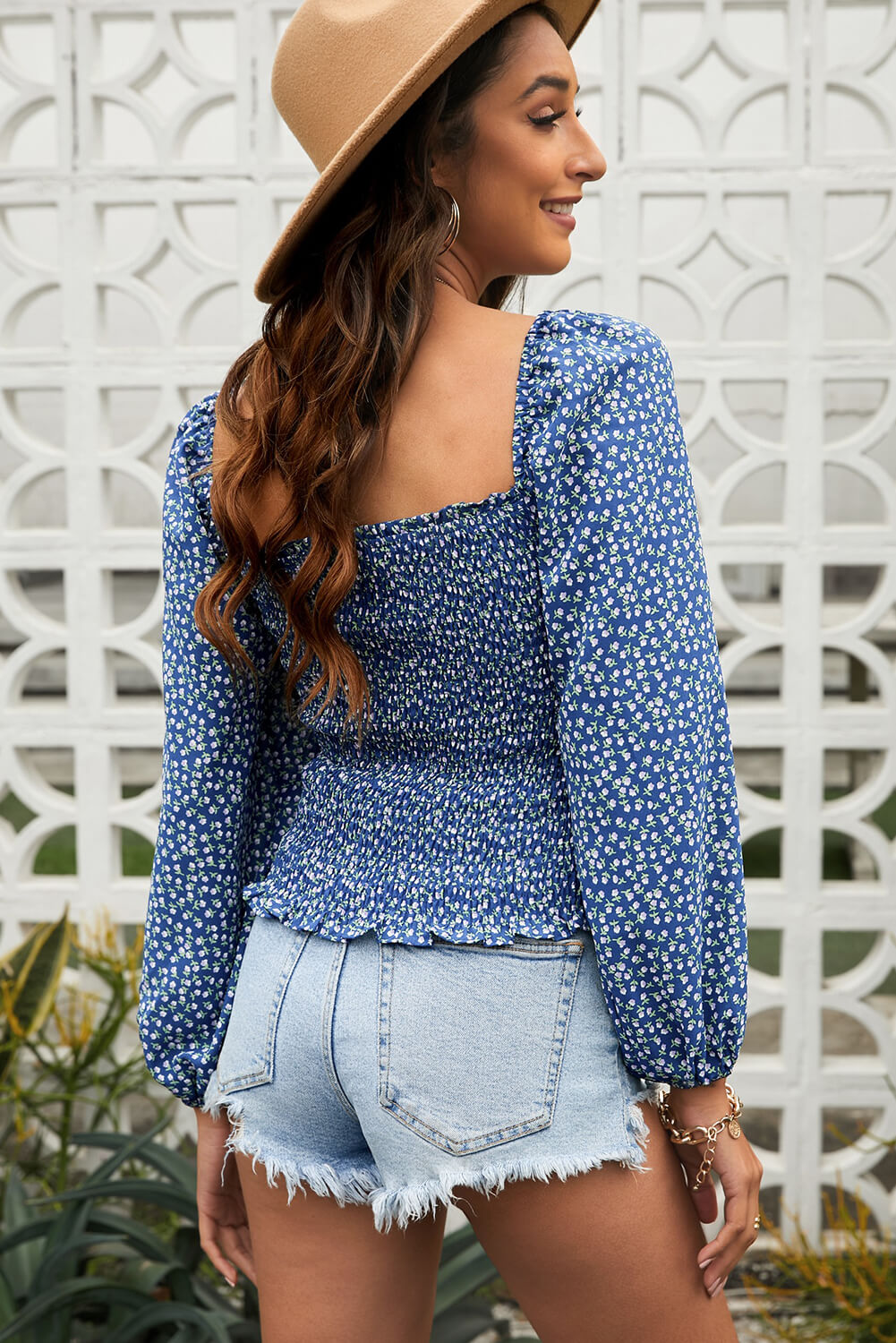 Floral Balloon-Sleeved Smocked Top