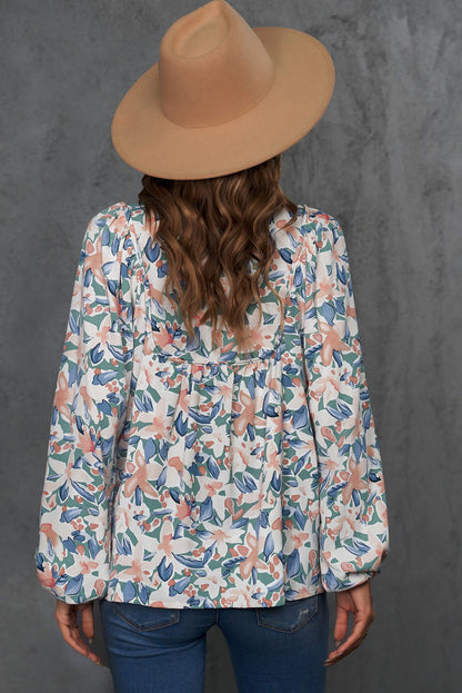 Floral Balloon-Sleeved Tie-Neck Blouse