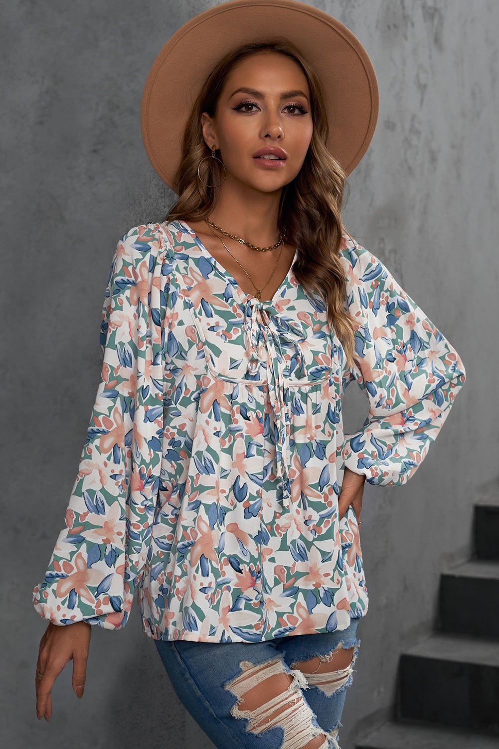 Floral Balloon-Sleeved Tie-Neck Blouse